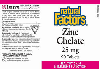 Natural Factors Zinc Chelate 25mg Support for Healthy Skin Immune Function 90 Tablets