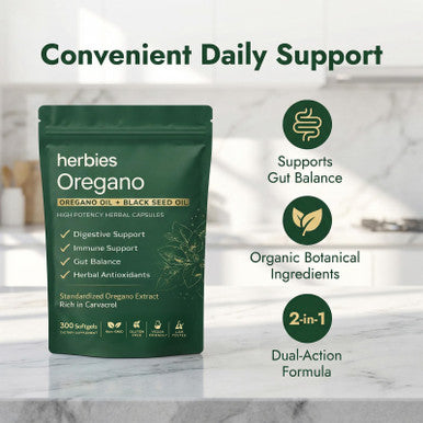 Herbies Oregano Oil Capsules Organic With Black Seed Oil 2 In 1 Herbal Formula 300 Softgels 6000Mg