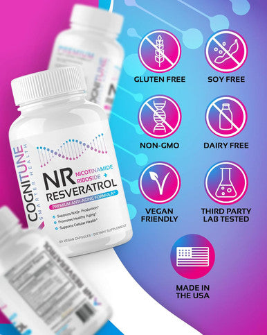 Cognitune NR + Resveratrol Supplement - Increase NAD DNA & Cellular Health Longevity Vitality. 5-in-1 Anti Aging Formula w/ Nicotinamide Riboside Trans Resveratrol Vitamin C Grape Seed Pine Bark
