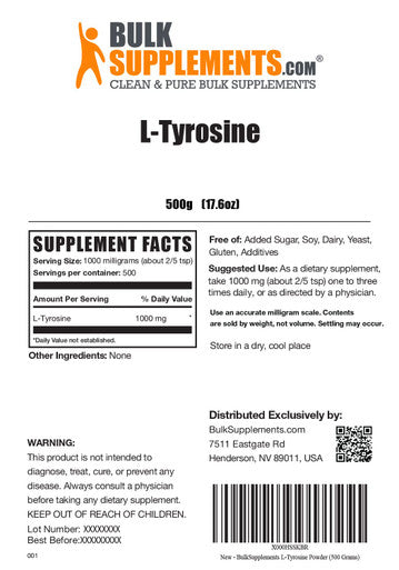 BulkSupplements L-Tyrosine Powder - Amino s Supplement for Energy & Focus - Unflavored, - 1000mg , 500 Servings (500 Grams - 1.1 lbs)