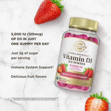 Solgar Vitamin D3 Gummies For Adults 5 000Iu Ultra Potency Vitamin Immune System Support For Women & Men - Tasty Strawberry Flavor Gluten & Gelatin Free Gummy 2 Month Supply 60 Servings 2G Sugar