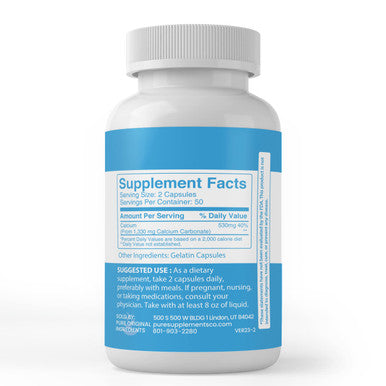 PURE ORIGINAL INGREDIENTS Calcium Carbonate, (100 Capsules) Always Pure, No Additives Or Fillers, Lab Verified