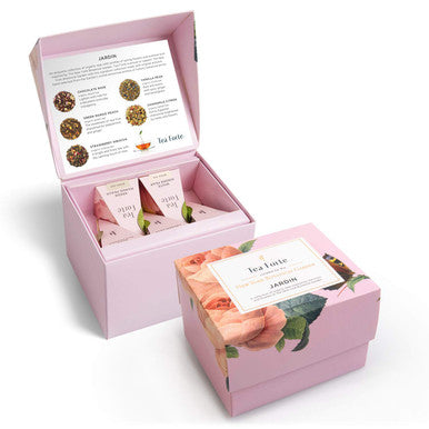 Tea Forte Jardin 3-Piece Tea Set with Pink Cafe Cup with Lid Tea Tray and 10 Assorted 2 of Each Variety Organic Handcrafted Pyramid Infuser Tea Bags