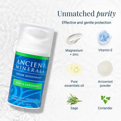 Ancient Minerals Natural Deodorant Cream Sage & Coriander Scent Aluminum-Free Vegan Deodorant for Women and Men with Magnesium Zinc & Vitamin E for Sensitive Skin 2 oz