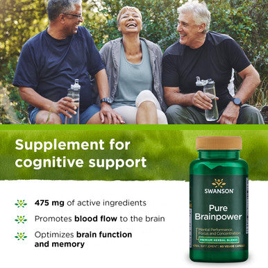 Swanson Pure Brainpower Brain Health Cognitive Memory Focus Support Brain-Derived Neurotrophic Factor (BDNF) Herbal Supplement (Ginkgo Biloba Bacopa Monnieri) 60 Veggie Capsules (Veg Caps) Vegan