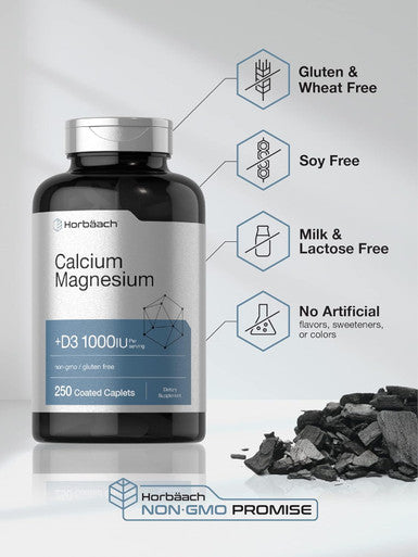 HorbAach Calcium Magnesium D3 Supplement 1000 Iu D3 250 Coated Caplets Non-Gmo & Gluten Free