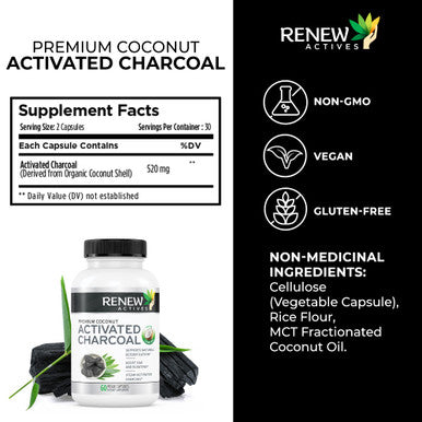 Renew Actives Activated Charcoal Supplement - Digestive Support & Teeth Whitening Formula, No Artificial Ingredients - 60 Capsules