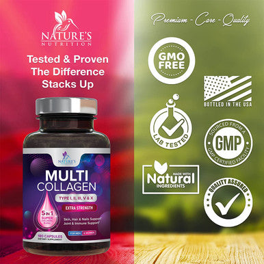 Multi Collagen Pills 1000mg - Extra Strength Hydrolyzed Collagen - Advanced Peptides Complex 5-in-1 Types I, II, III, V, X - Supports Healthy Skin, Hair, Nails & Joints Supplement - 180 Capsules