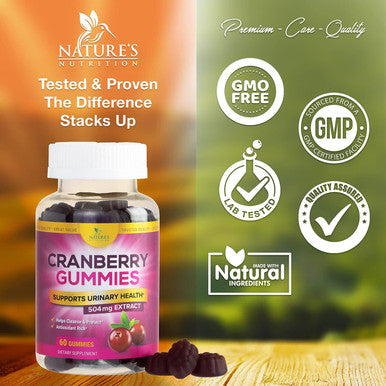 Nature's Nutrition Cranberry Gummies 5X Extract, Urinary Tract Health Support - Vitamin C for Immune Support, Non-GMO, Gluten Free Cranberry Concentrate Supplement Pills for Men & Women - 60 Gummies