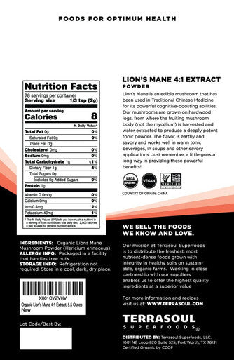 Terrasoul Superfoods Organic Lions Mane Mushroom Powder 41 Extract 5.5 Ounces