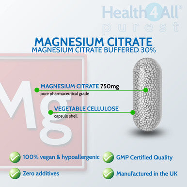 Health4All Magnesium Citrate 750mg 90 Capsules (V) (225mg Elemental Magnesium) Purest