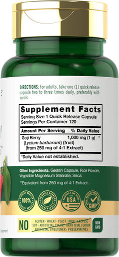 Goji Berry 1000Mg | 120 Capsules | Concentrated Extract From Wolfberry Plant | Non-Gmo, Gluten Free | By Carlyle