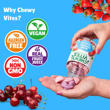 Chewy Vites Adult Bone Support 50 Vitamin Gummies 400mg Calcium Gummies with 20 mcg Vitamin D3 for Bones Teeth & Muscle Function 2-a-Day Vegan Mix of Wild Cherry and Strawberry Flavour