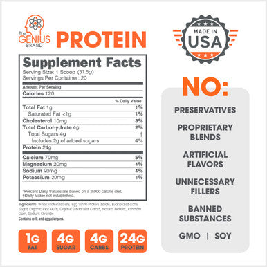 Genius Protein Powder, Vanilla - Dual Protein Blend with Improved Whey Isolate & Egg White for Lean Muscle Building for Men & Women - Grass-Fed Pre & Post Workout Meal Replacement Shake