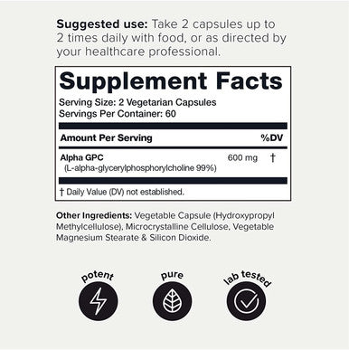 Ultra High Purity Alpha GPC Capsules - 600mg Concentrated Formula - 99%+ Highly Purified and Highly Bioavailable Nootropic - 120 Capsules Alpha GPC Supplement