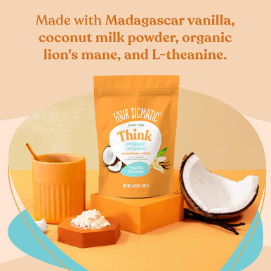 Four Sigmatic Think Vanilla Coconut Coffee Creamer By | Organic Coffee Creamer With Lion S Mane And L-Theanine | Powdered Coconut Creamer | Non Dairy Creamer Powder | 4.23 Oz
