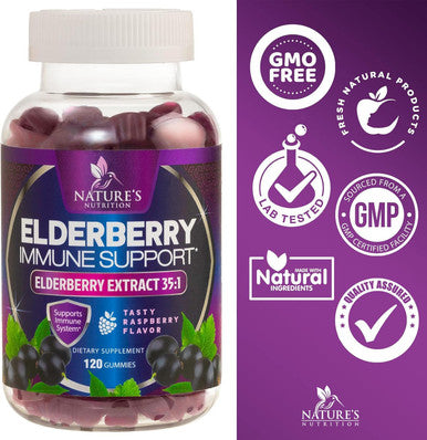 Nature'S Nutrition Sambucus Elderberry Gummies for Adults Teens & Kids - Super Concentrated 35:1 Extract Equivalent to 4200mg of Elderberries - Daily Immune Support Black Elderberry Vitamin Supplement - 120 Count