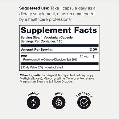 Toniiq Ultra High Purity PQQ Capsules - 99%+ Highly Purified and Highly Bioavailable -120 Capsules - 20mg Concentrated Formula - Pyrroloquinoline Quinone Supplement