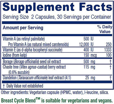 Vitanica Breast Cycle Blend Breast Cycle Support Iodine Borage Seed Oil Chaste Tree Berry (Vitex) Dandelion Vegan/Vegetarian 60 Capsules