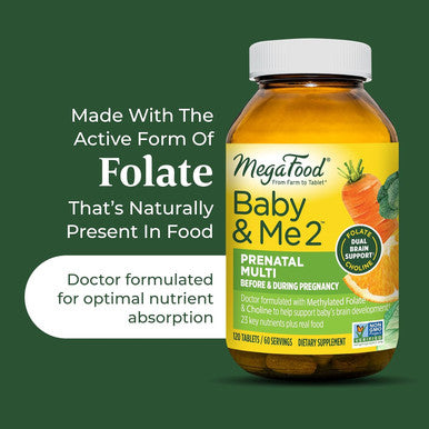 MegaFood Baby & Me 2 Prenatal Vitamin And Minerals - Vitamins For Women - With Folate (Folic Acid Natural Form) Choline Iron Iodine And Vitamin C Vitamin D And More - 120 Tabs (60 Servings)