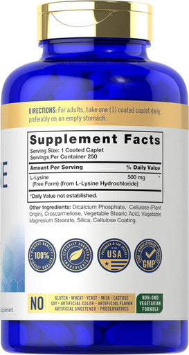 Carlyle L-Lysine 500 mg | 250 Caplet Capsules | Amino Acid Supplement | Vegetarian Non-GMO & Gluten