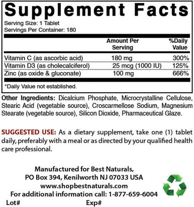 Best Naturals Zinc 100 mg with Vitamin C & D3 180 Tablets Gluten and Non-GMO
