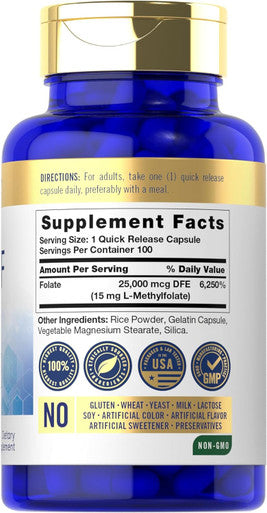 Carlyle 5-MTHF Supplement 15mg | 100 Capsules | L-Methylfolate | Non-GMO Gluten | Premium Quality