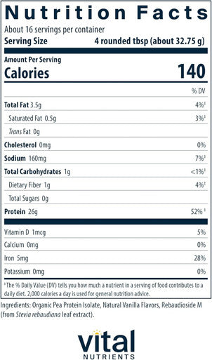 Vital Nutrients ProVeg Organic Pea Protein 524g | Vegan Pea Protein Powder | 23g Protein per Serving | Natural Vanilla Flavor | Gluten Dairy Soy | Non-GMO | 16 Servings