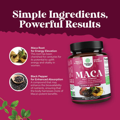Natures Craft Organic Maca Root Capsules for Women - Potent Herbal Supplement with Female Enhancing Blend of Red Yellow & Black Maca Root - Non-GMO Vegan and Gluten- with No Artificial Colors - 60ct