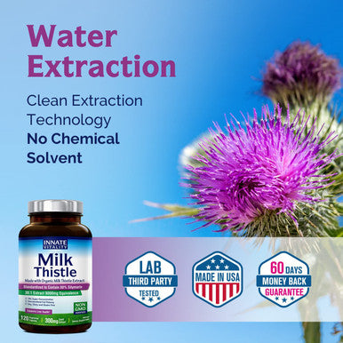 Innate Vitality Organic Milk Thistle Extract, Standardized 80% Silymarin Flavonoids, 30:1 Highest Concentration, 9000mg Equivalent, 300mg per Caps, 120 Veggie Caps, Non-GMO, NO Gluten Dairy Soy, Support Liver Health