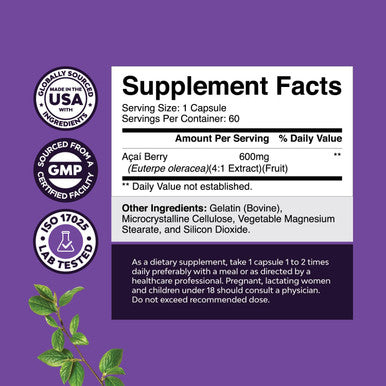 Natures Craft Acai Berry Antioxidant Support Weight Loss Supplement for Women and Men - Vitamins Minerals Antioxidant Formula Supports Immune System and Boost Energy Cognitive Health - 60 Servings