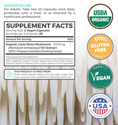 PURE CO Organic Lions Mane Supplement Capsules USDA Organic Mushroom Supplement Capsules with 1000mg Lion's Mane 10:1 Extract per Serving with 30% Polysaccharides Vegan and Non GMO 1 Month Supply