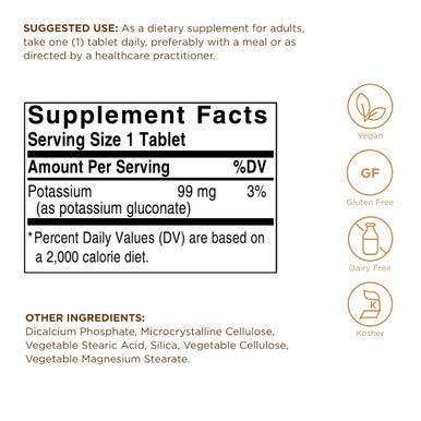 Solgar Potassium - 100 Tablets - Nerve & Muscle Health Promotes Electrolyte Balance - Vegan Gluten & Dairy Free Kosher - 100 Servings