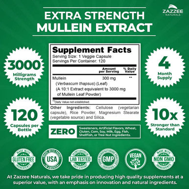 Zazzee Extra Strength Mullein 10:1 Extract, 3000 Mg Strength, 120 Vegan Capsules, 4 Month Supply, Concentrated And Standardized