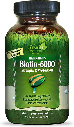 Irwin Naturals Biotin-6000 Supports Healthy Skin Hair & Nails - Strength + Protection With High Potency 6000 Mcg Bamboo Avocado Coconut & More - Maximum Absorption - 60 Liquid Softgels