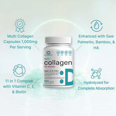 Deal Supplement Multi-Collagen Pills for Women with Vitamin C E & Biotin 300 Capsules 11 in 1 Formula with Saw Palmetto Bamboo Silica & Hyaluronic Acid Hair Skin Nail & Joint Health