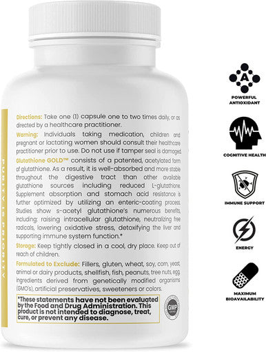 SAcetyl Glutathione Gold 60 DRcaps AcidResistant 200mg Per Capsule Patented Acetylated Form of Glutathione Emothion 2 Month Supply Zero Fillers / Flow Agents Pharmaceutical Grade