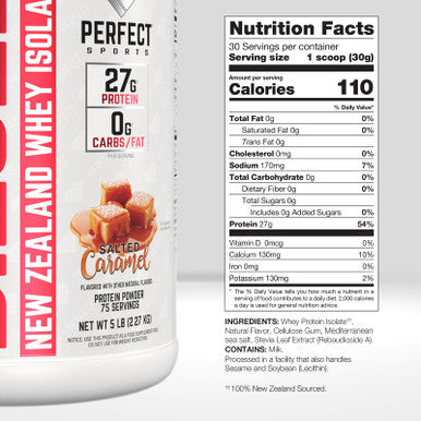 PERFECT SPORTS Diesel 100% New Zealand Whey Protein Isolate Stevia Sweetened No Artificial Ingredients Keto 0g Carb 0g Fat 27g Protein 5 Pounds Salted Caramel