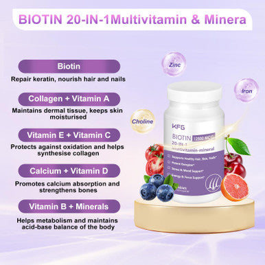 KFG Biotin 10000mcg Women's Multivitamin Mineral with Keratin Collagen Calcium Niacinamide & Vitamins A, B, D, C, E, for Women Hair Skin Nail & Bone Health 100 Tablets.