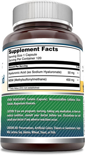 Amazing Nutrition Formulas Hyaluronic Acid & MSM Supplement | 500 Mg Per Serving | 120 Capsules | Non-GMO | Gluten | Made in USA