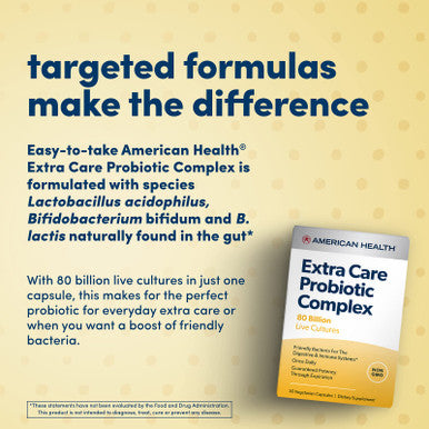 American Health Extra Care Probiotic Complex, 80 Billion Microorganisms - Beneficial Bacteria For The Digestive & Immune Systems* - Non-Gmo, Vegetarian - 30 Capsules, 30 Total Servings