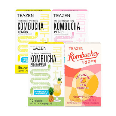 Teazen 4 Flavors 40 Sticks Variety Pack Kombucha Lemon Peach Pineapple Mango Guava (40 Sticks)