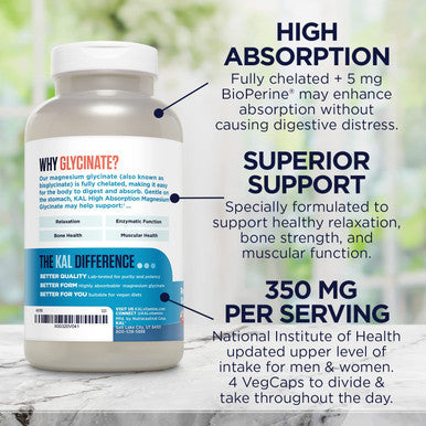KAL Magnesium Glycinate, New & Improved Fully Chelated High Absorption Formula with BioPerine, Bisglycinate Chelate for Relaxation, Muscle & Bone Health Support, 60 Servings, 240 VegCaps