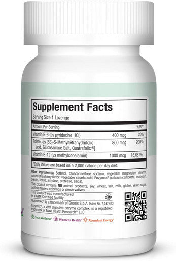 Maxi Health Methyl Folate Lozenges with B12 & B6 Flavored Memory Cardiovascular Health Hormone & Immune Support Gluten Kosher Berry 90 Count