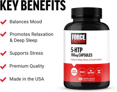 Force Factor 5HTP Sleep Aid and Mood Support Supplement Extra Strength 5 HTP Natural Sleep Supplement for Adults to Support Calm and Stress Balance Vegan Non-GMO 120 Capsules