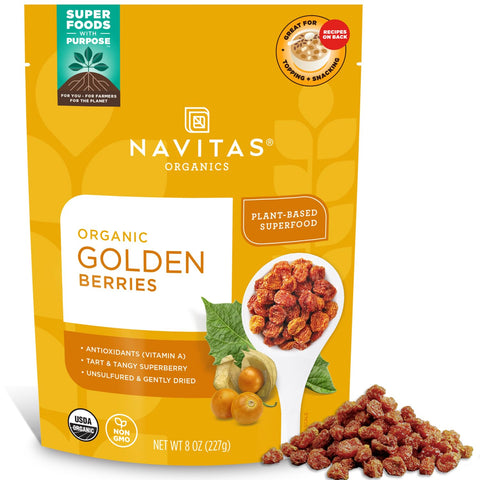 Navitas Organics GoldenberriesÃ¢â‚¬â€œ For Healthy Snacks, Topping, Baking & More Ã¢â‚¬â€œ Dried Fruit Ã¢â‚¬â€œ No Added Sugar & Sulfite Free Ã¢â‚¬â€œ USDA Organic, Non GMO, Kosher, Gluten Free, Vegan (8oz. Bag, 8 Servings)