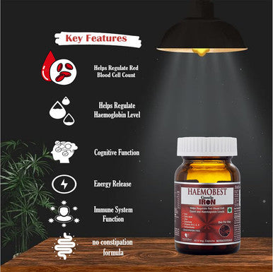 Haemobest Iron Power Capsules - 60 Count - Boost Hemoglobin, Gentle On Stomachs - Non-Constipating Formula - Enhances Red Blood Cells Suppor