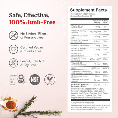 HAIRtamin Advanced Formula Hair Growth Supplement for Women & Men Supports Stronger Longer Visibly Thicker Hair With 5000 mcg Biotin Vitamins & Antioxidants 100% Vegan 1 Month Supply