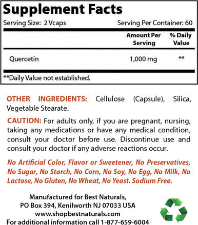 Best Naturals Quercetin 1000 mg/Serving 120 Veggie Capsules (120 Count (Pack of 1))
