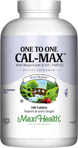 Maxi Health 500 mg Calcium Supplement with Vitamin D3 (1000 IU) and Magnesium (500 mg) - Bone Teeth and Joint Support for Men and Women - 240 Tablets - One to One Cal-Max by Maxi Health